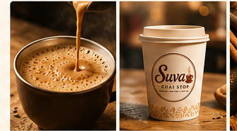 Creamy chai being poured beside a Suva Chai Stop cup